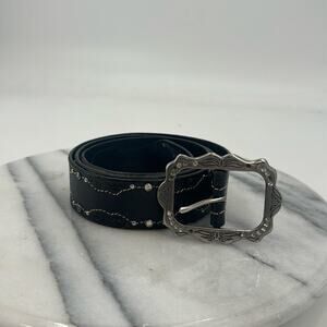 Nine West rhinestone western black leather belt